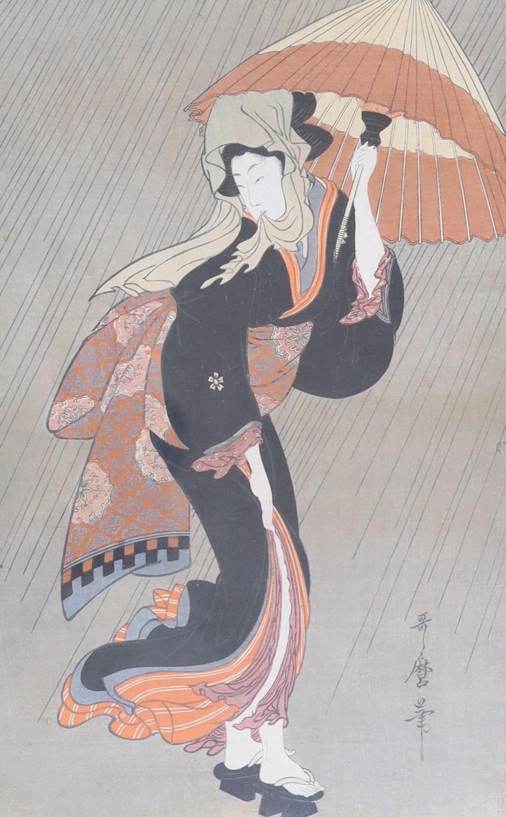 Utamaro (1753-1806), two woodblock prints, Woman with boy wearing a mask and Woman in a rain storm, 36 x 24cm